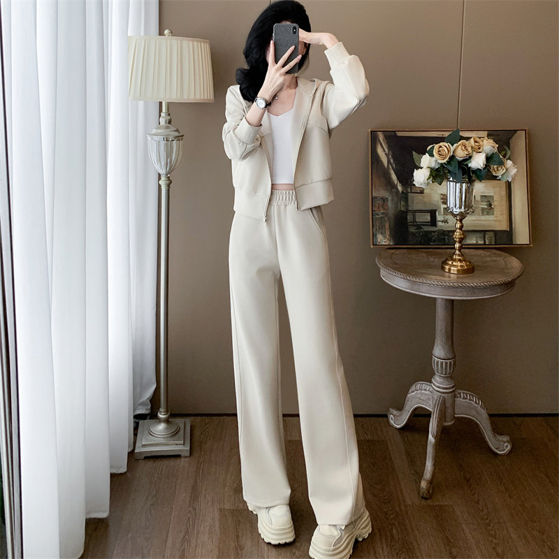 春秋穿搭休闲套装女2026新款显瘦减龄连帽双拉链卫衣阔腿裤两件套