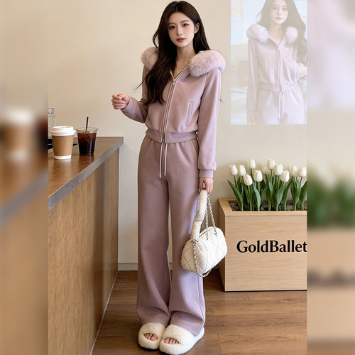 冬装连帽加绒毛领拉链卫衣阔腿裤