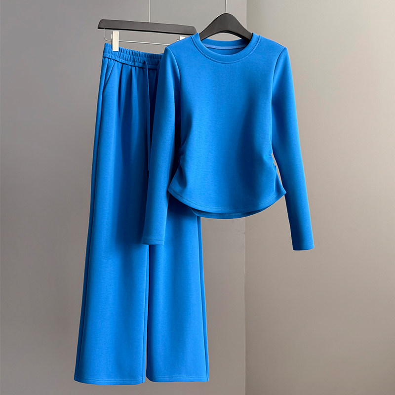 休闲运动套装女2026春秋季新款洋气减龄蓝色圆领长袖阔腿裤两件套