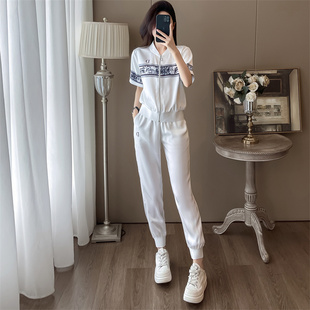 白色拉链开衫短袖休闲套装女2025夏新款宽松减龄束脚裤薄款两件套