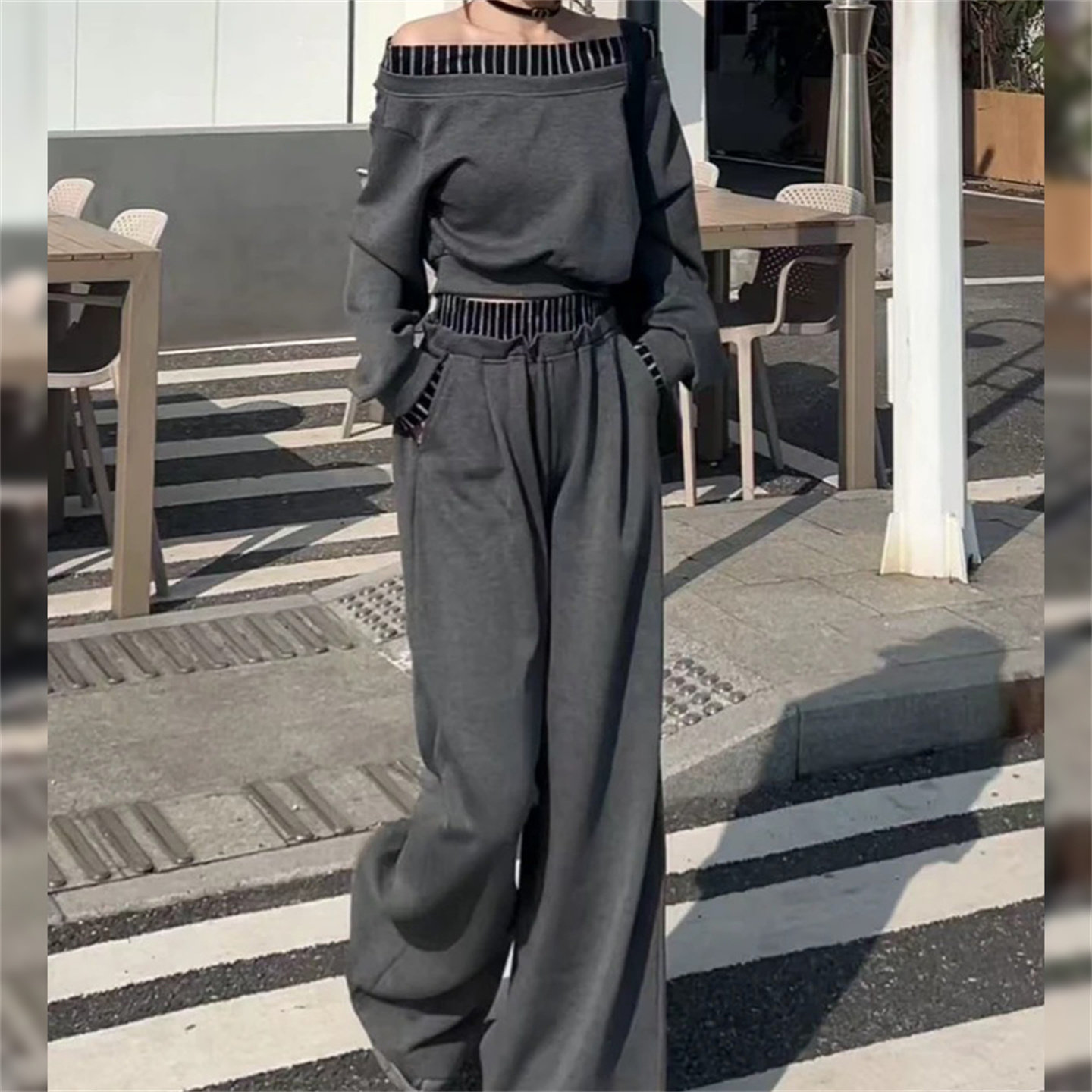 上衣宽松显瘦阔腿裤休闲套装女