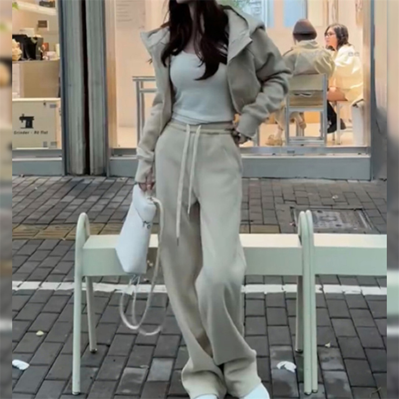 网红炸街休闲套装女秋冬收腰显瘦加绒短款连帽卫衣阔腿裤两件套潮
