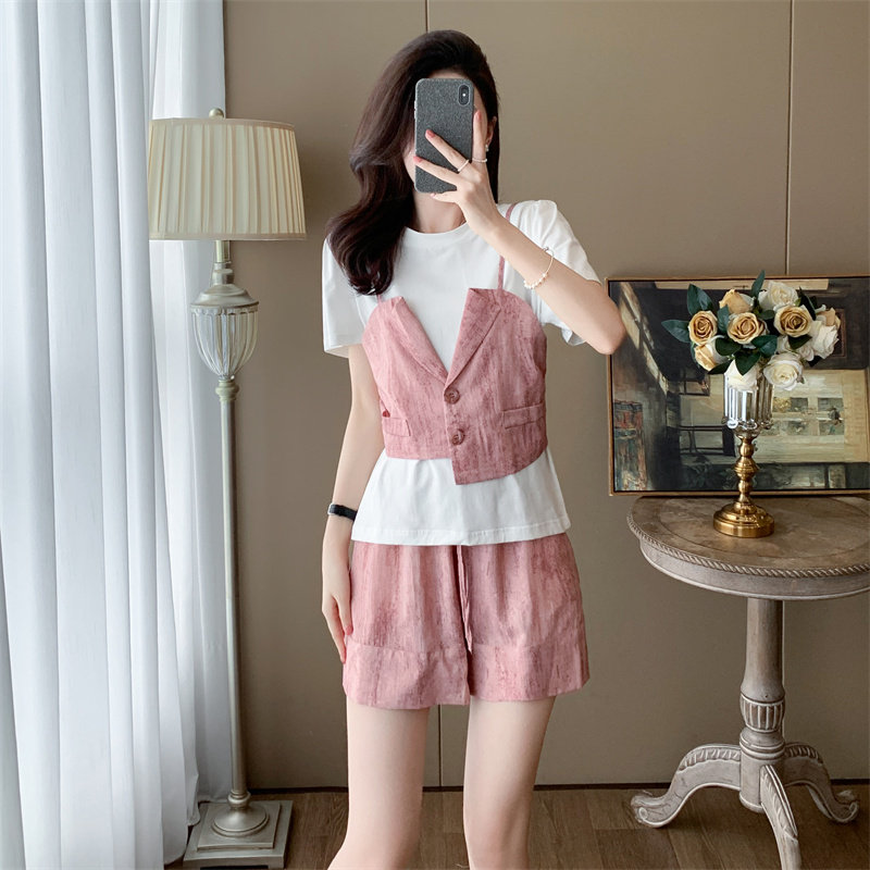 酷搭配一整套夏装假两件上衣短裤2025新款宽松减龄洋气休闲套装女