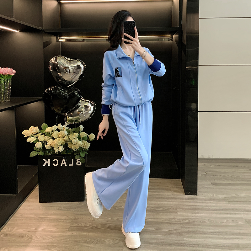 蓝色时尚休闲套装女秋冬新款减龄宽松拉链卫衣阔腿裤运动两件套潮