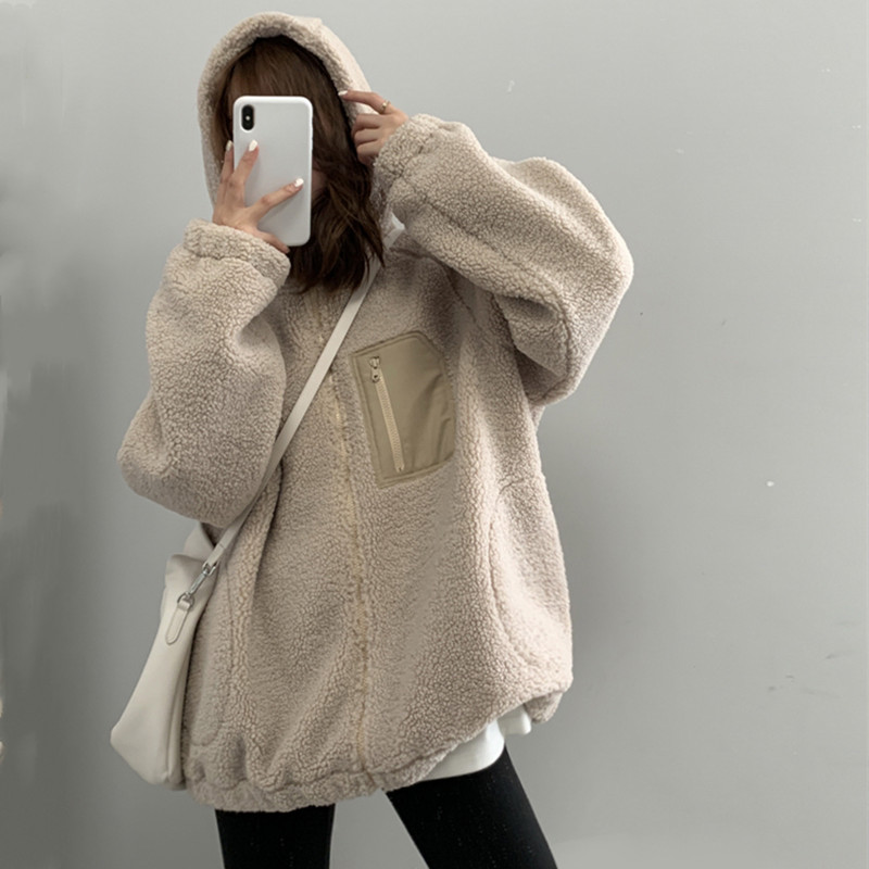 连帽拉链羊羔绒外套女加厚摇粒绒