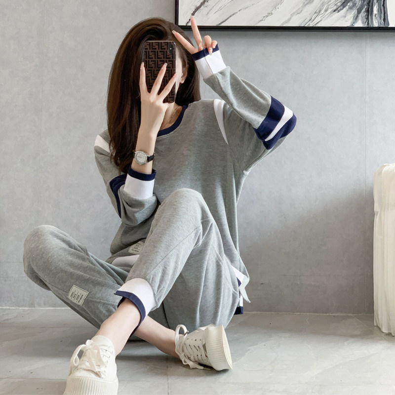 休闲运动套装女2025早春新款加绒宽松拼接撞色卫衣长裤两件套潮牌