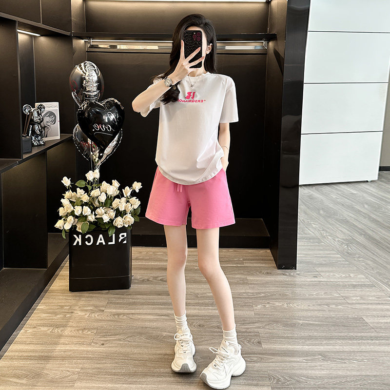 休闲运动套装女夏季洋气减龄宽松慵懒风短袖T恤粉色短裤两件套装