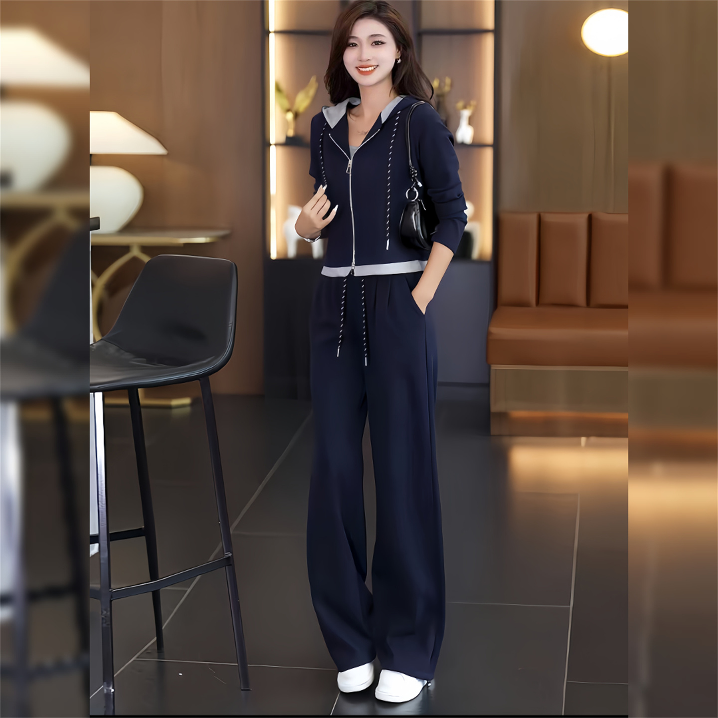高级感时尚休闲套装女秋冬新款百搭连帽拉链卫衣阔腿裤运动两件套