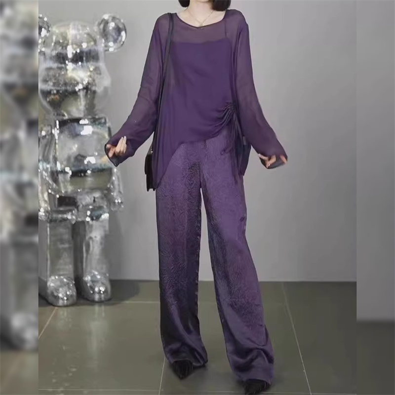 气质休闲套装女薄款透肉抽绳防晒罩衫2025夏新款时尚阔腿裤两件套