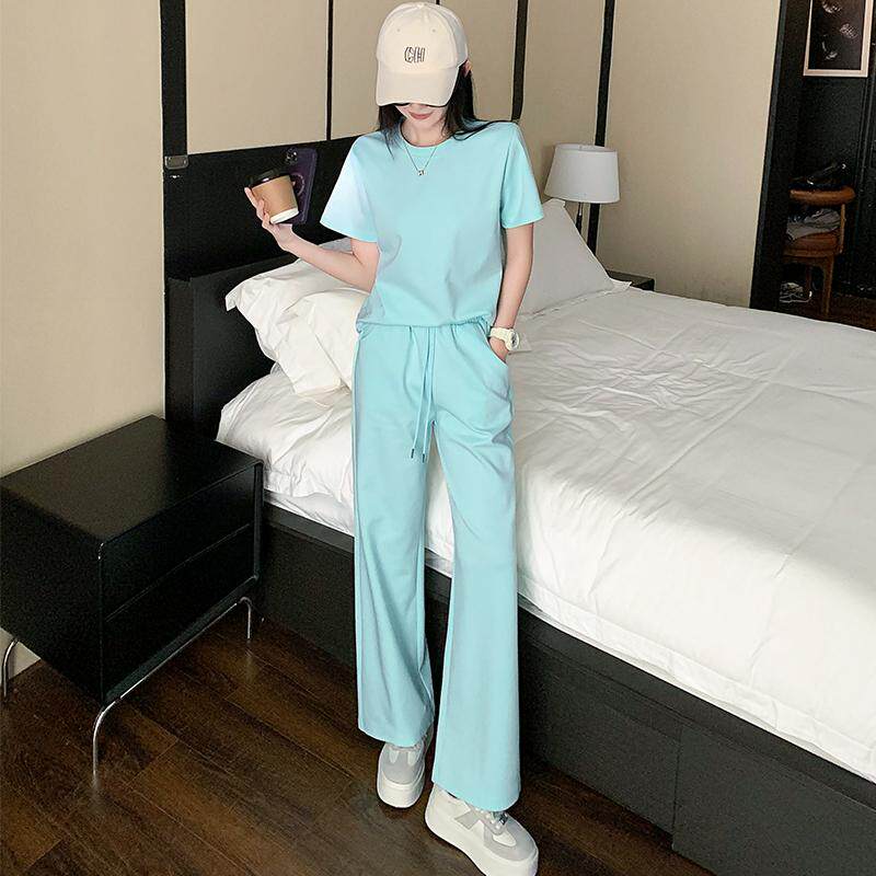 休闲运动套装女2026年夏季新款时尚洋气减龄显瘦短袖阔腿裤两件套