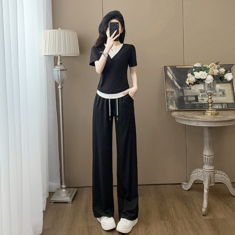 休闲运动套装女夏季2026新款时尚洋气减龄假两件短袖阔腿裤两件套