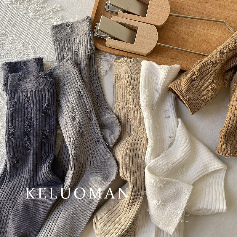 三双装破洞袜子女2023新款洞洞袜双针网红乞丐袜女士中筒袜堆堆袜