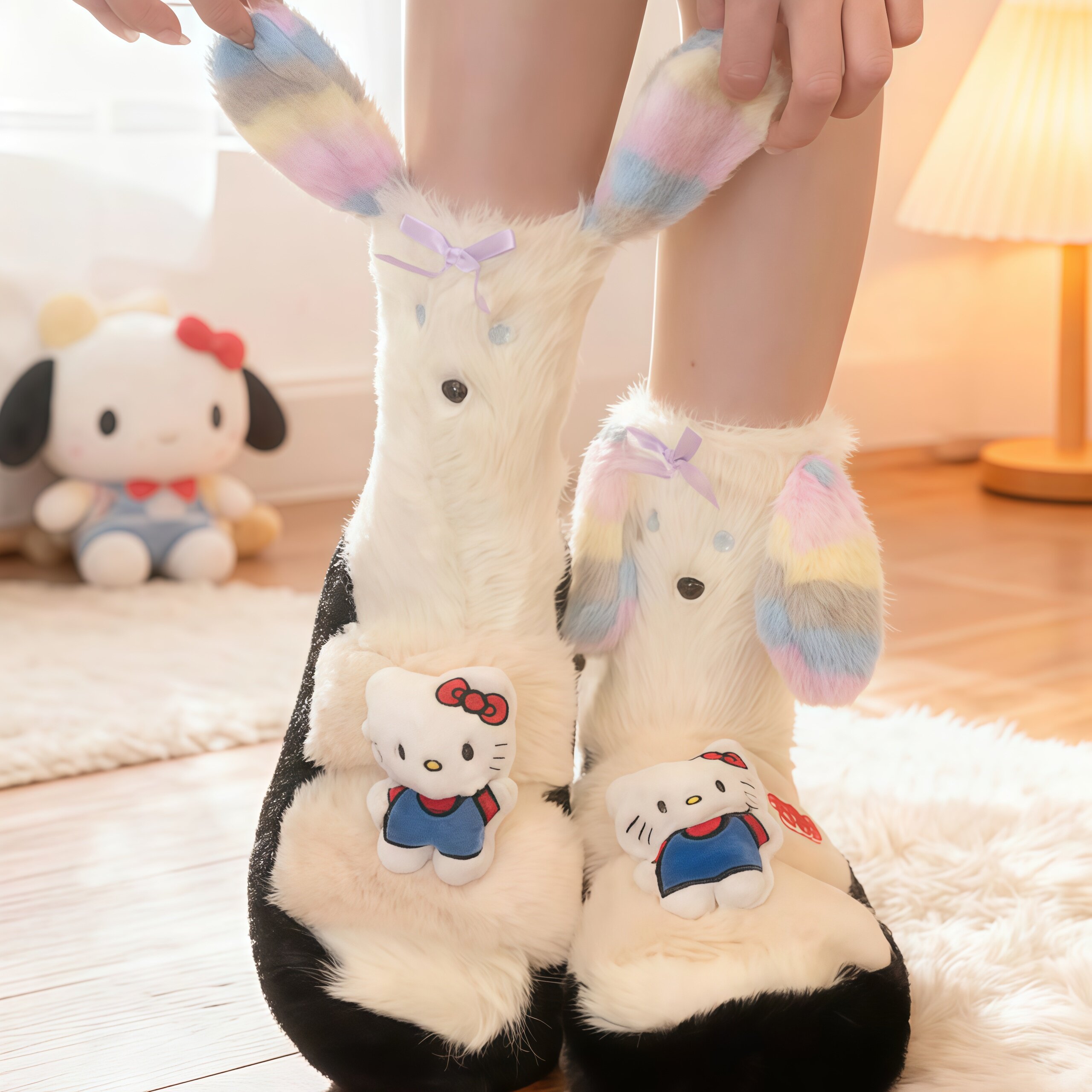 毛绒绒耳朵狗中筒袜子女款秋冬卡通加加绒厚保暖睡眠袜家居地板袜