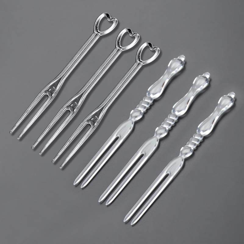 喇叭花心形竹节透明塑料叉子一次性水晶签水果刺蛋糕二齿叉4000个