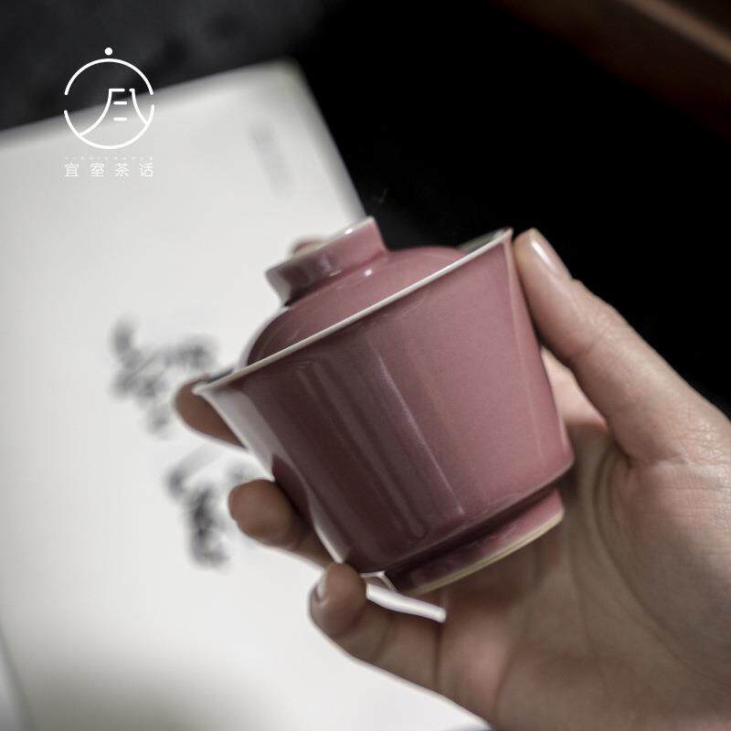 宜室茶话 豇豆红茶红盖碗功夫茶具泡茶碗泡茶器手绘青花双线茶碗