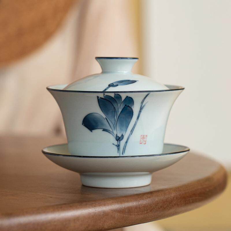 手绘三才盖碗大号茶杯功夫手抓陶瓷仿古青花泡茶器茶具玉兰花