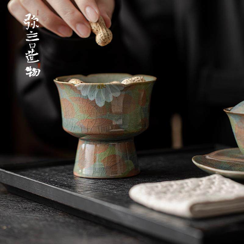 弥言手绘创意中式茶点盘复古小高脚水果盘茶室糕点小吃碟创意点心
