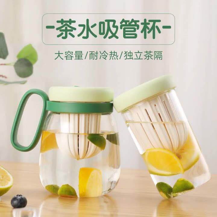 带手柄通用玻璃水杯耐热吸管杯花茶杯简约吸管杯ins风玻璃杯