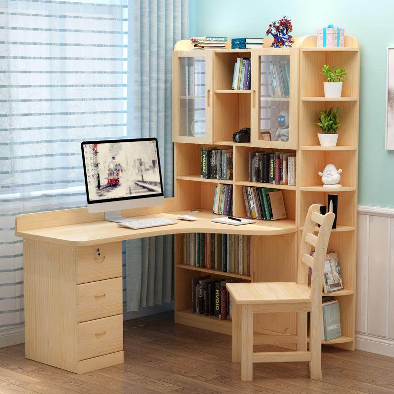 实木电脑桌转角书桌书架组合简约家用儿童学习写字桌卧室一体书柜