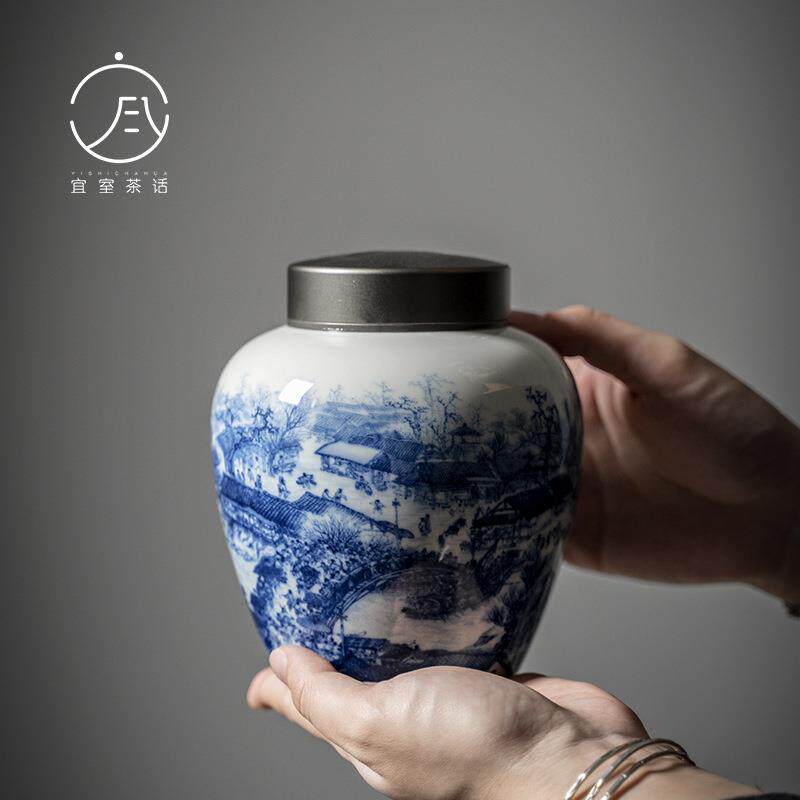 宜室茶话 陶瓷茶叶罐 满彩青花清明上河图储物罐半斤装密封罐茶仓