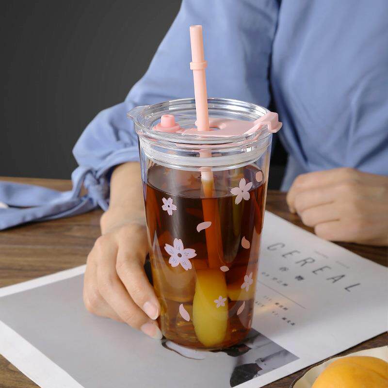 明尚德樱花杯水杯夏季杯子高颜值女生玻璃吸管杯咖啡杯带盖玻璃杯
