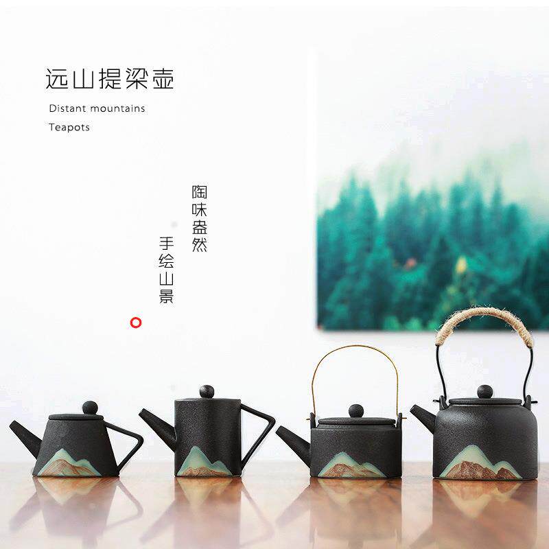 手绘黑陶日式茶壶 镇陶瓷功夫茶具大号提梁壶现代简约普洱壶