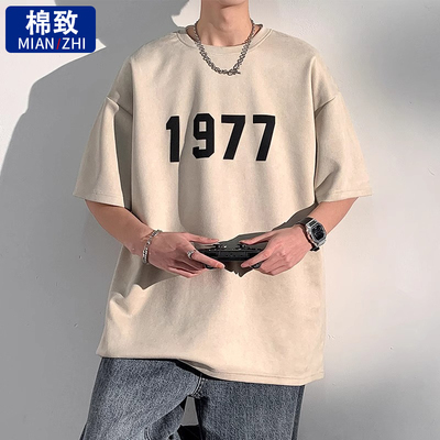 棉致麂皮绒短袖男款夏季220G重磅潮牌宽松美式高街五分袖新款半袖