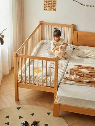 金多喜全实木儿童床拼接床加高护栏婴儿床加宽小床榉木床拼接大床