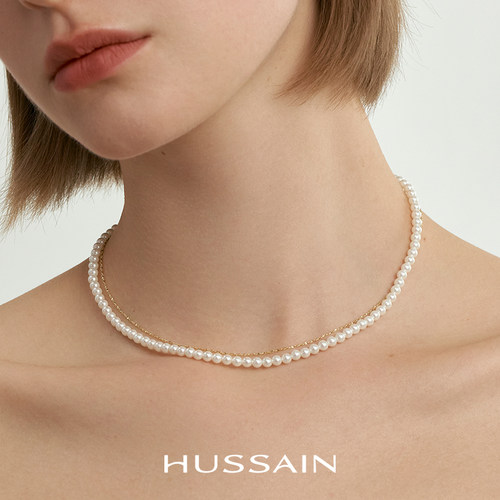 赫生HUSSAIN皎色倪妮同款真多麻色灰珍珠项链妈妈颈链满串锁骨链