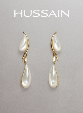 赫生HUSSAIN潺影天然白贝母耳钉可拆卸水滴耳坠金色高级轻奢耳环