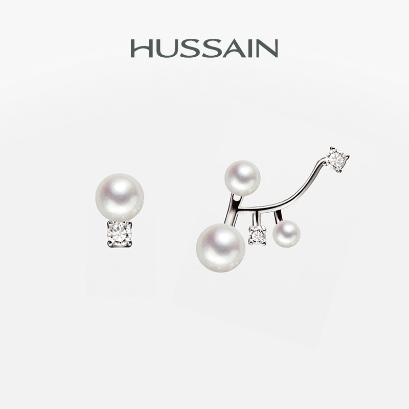 [官方正品]赫生HUSSAIN星点悬浮珍珠耳钉纯银耳环不对称秋冬耳饰