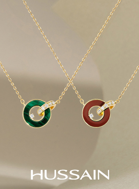赫生HUSSAIN环予孔雀石项链轻奢双环红松宝石锁骨颈链女闺蜜配饰