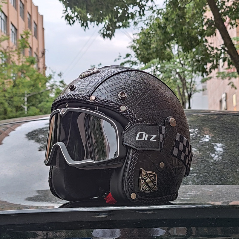 ORZ摩托车复古头盔男女半盔电动巡航机车安全帽3/4秋冬个性3C