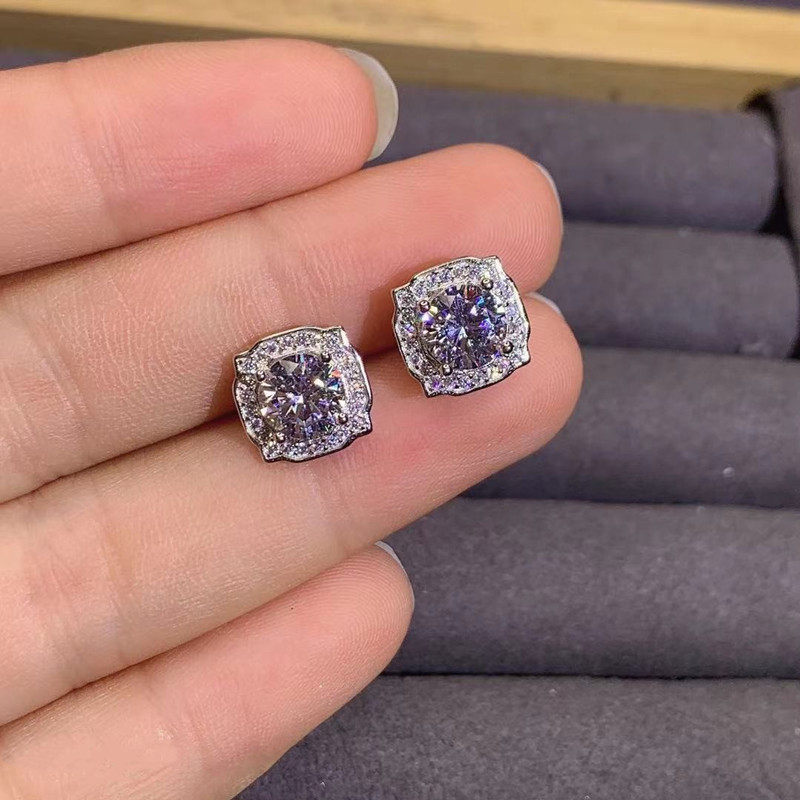 莫桑石莲花耳钉进口可过笔PT950纯铂金2克拉公主方梨形简约耳环女