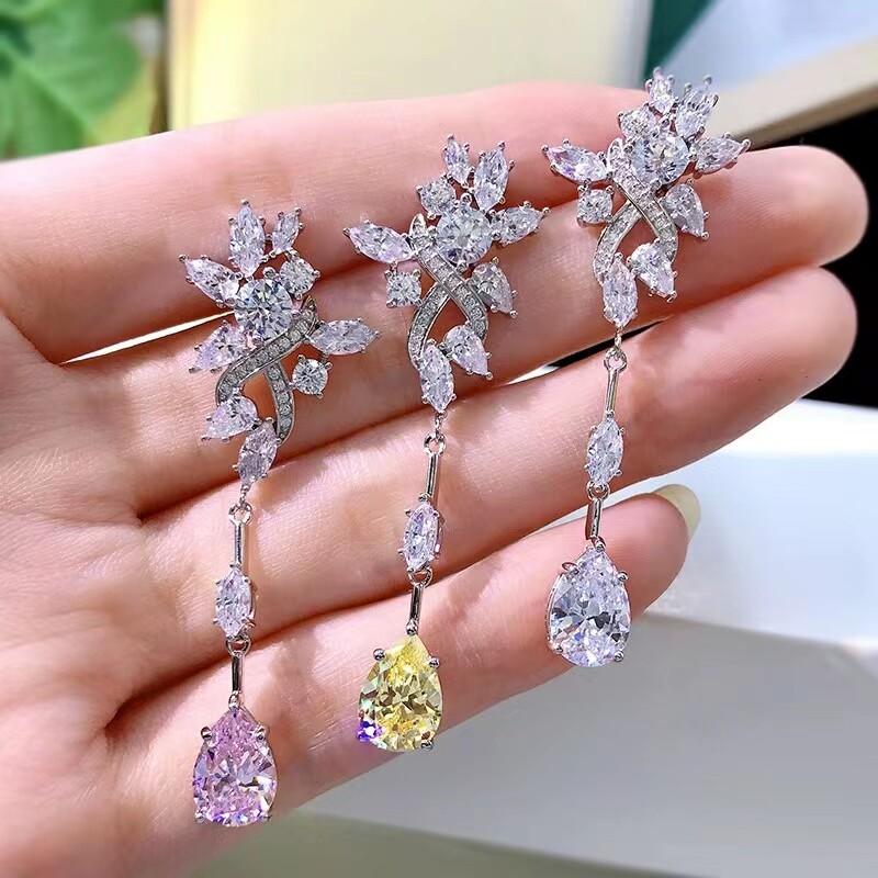 D色莫桑石玫瑰花水滴耳坠