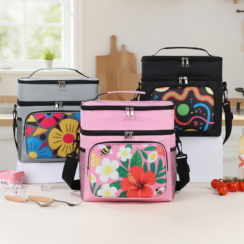 新款双层保温包大容量便携手提斜挎花朵印花铝箔户外野餐保温餐包
