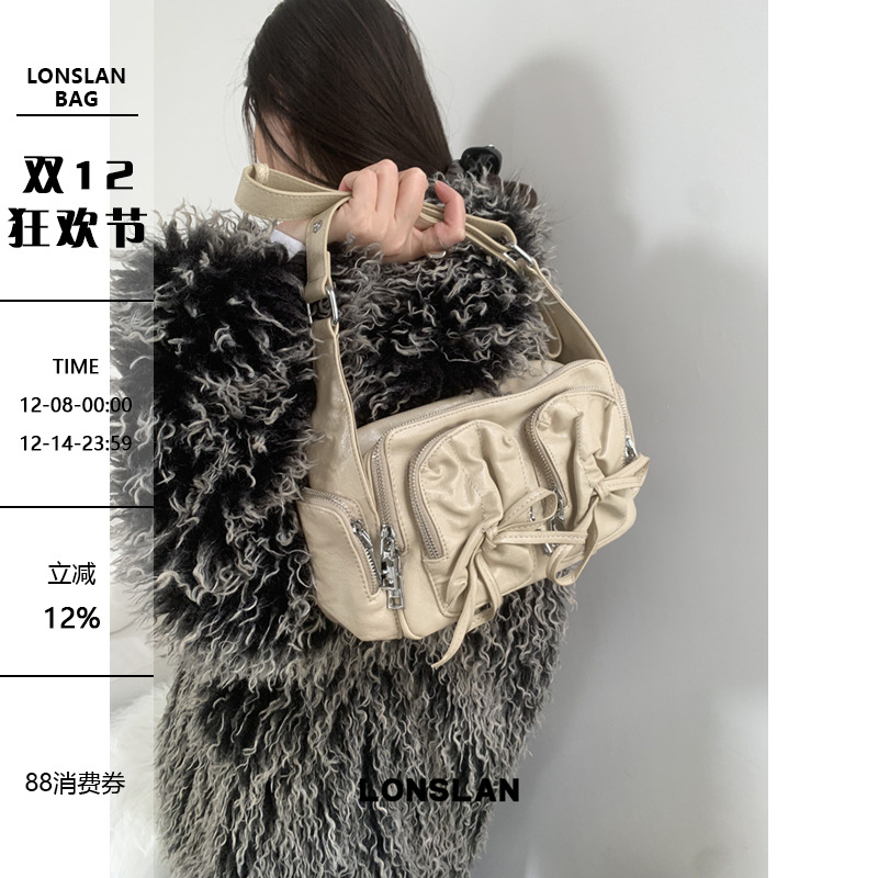 Lonslan BAG 2025 NEW  潮流复古多口袋蝴蝶结设计单肩斜挎包