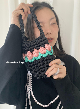 Lonslan BAG 2024春季新款小众手工编织玫瑰花mini单肩手提包包女