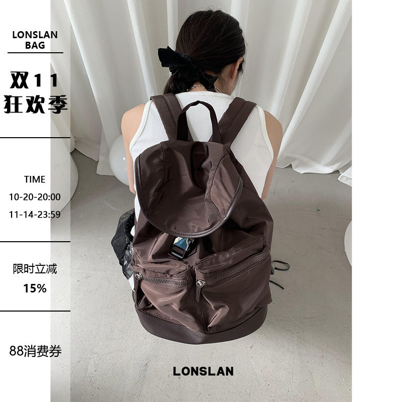 Lonslan BAG 2024棕色多口袋大容量双肩包包登山包运动风百搭包