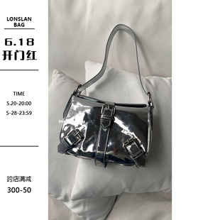 NEW Lonslan BAG 2023SS 银色甜酷皮带扣漆皮单肩斜跨腋下包女