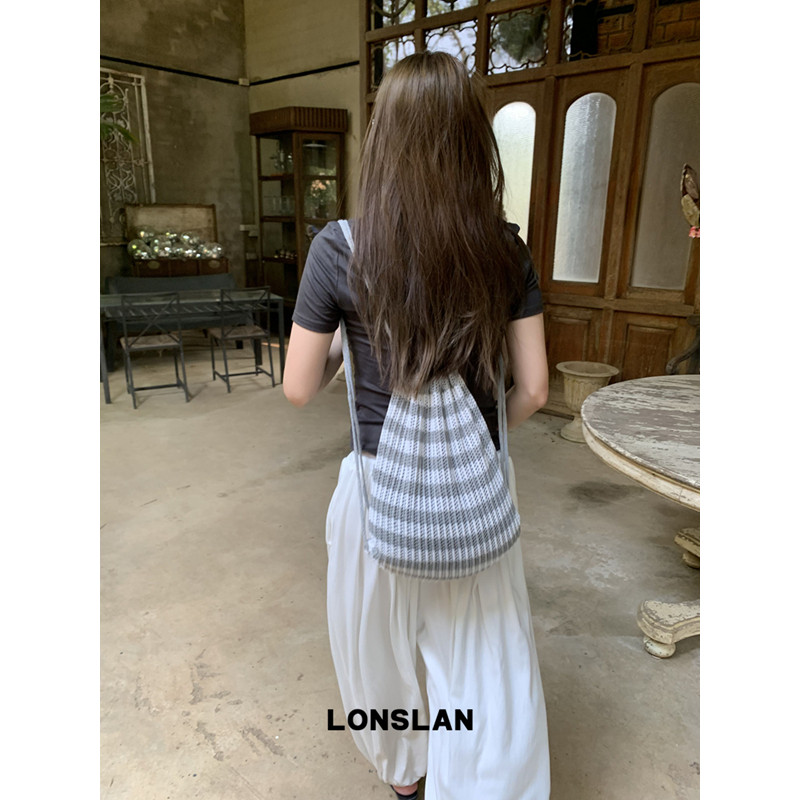 Lonslan BAG 2026春夏小众时尚抽绳条纹双肩包度假风背包图片