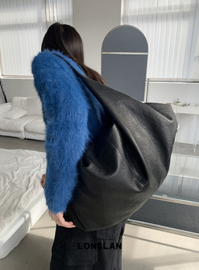 Lonslan BAG 2024WINTER设计感黑色超大容量慵懒风单肩腋下包皮质