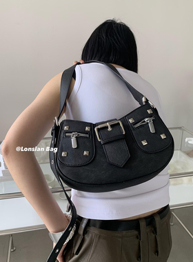 Lonslan BAG 2023SS NEW高级感做旧牛仔色美式复古皮带扣单肩包