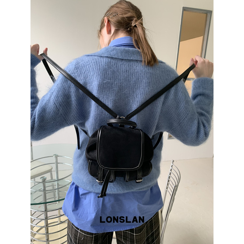 Lonslan BAG 2025NEW 简约百搭时尚翻盖麂皮绒复古迷你双肩包