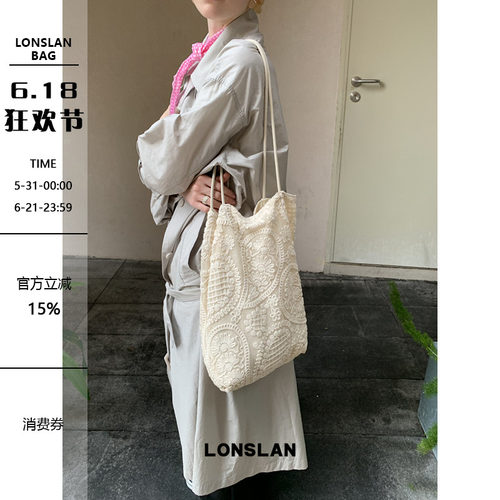Lonslan BAG 2026春夏米白色温柔蕾丝单肩帆布包大容量通勤包包
