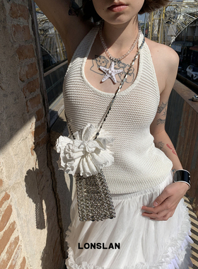 Lonslan BAG 2025春夏银色长链条串珠手提包斜挎手机包