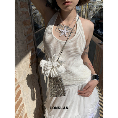 Lonslan BAG 2025春夏银色长链条串珠手提包斜挎手机包