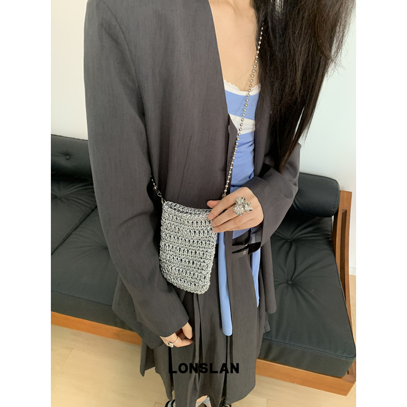 Lonslan BAG 2025春夏个性银色链条编织镂空手机包斜挎包