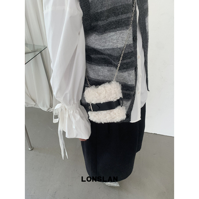 Lonslan BAG 2025NEW早秋复古毛茸茸皮带扣设计链条斜挎包