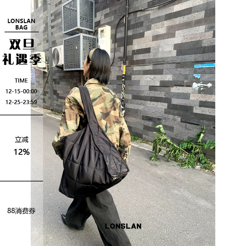 Lonslan BAG 24AW简约大容量尼龙充棉菱格单肩包包女